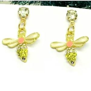 Gold plated yellow white crystal pink bumblebee earrings With silver post